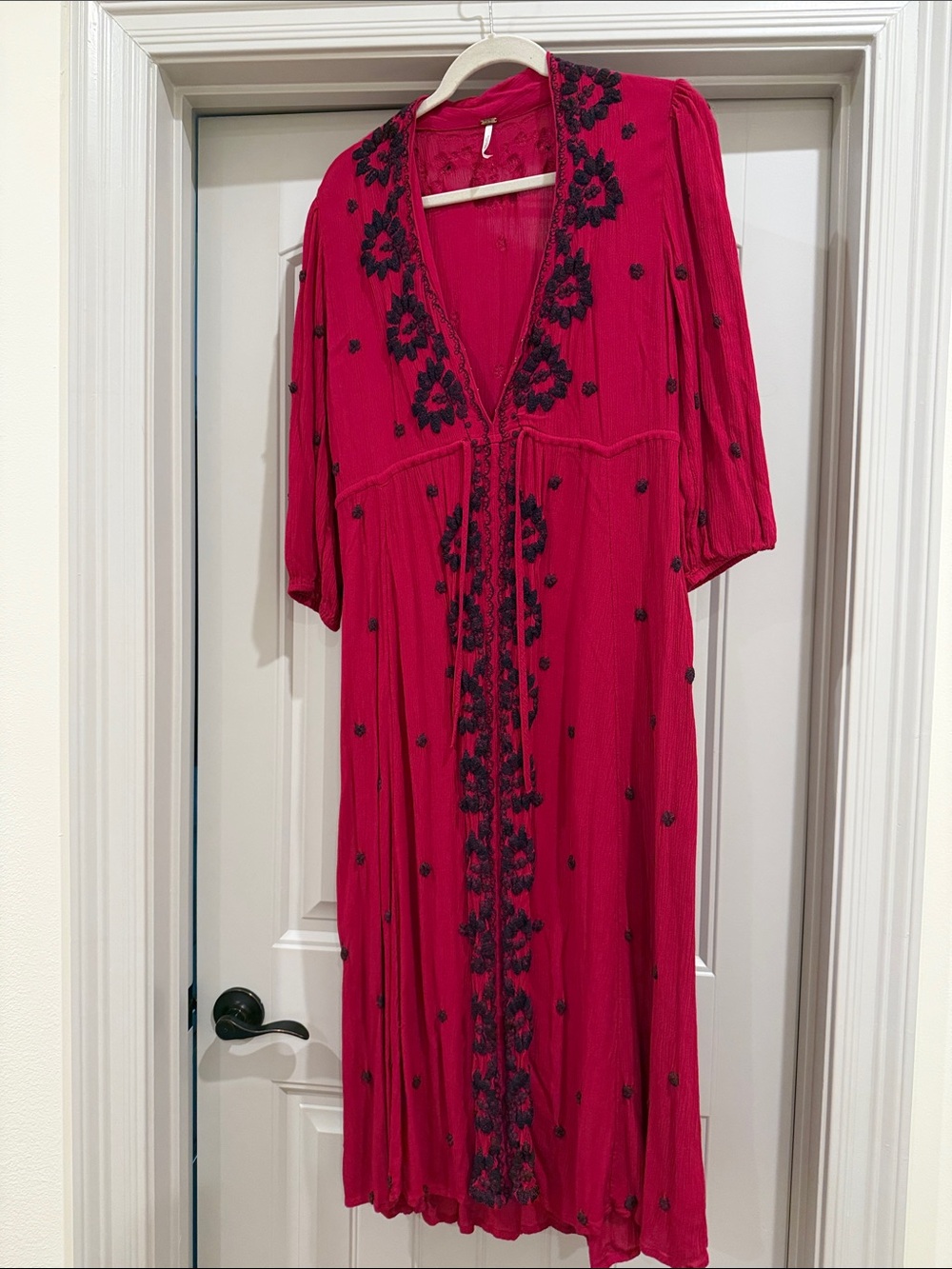 Free People Hot Pink Midi Dress with Black Floral Embroidery